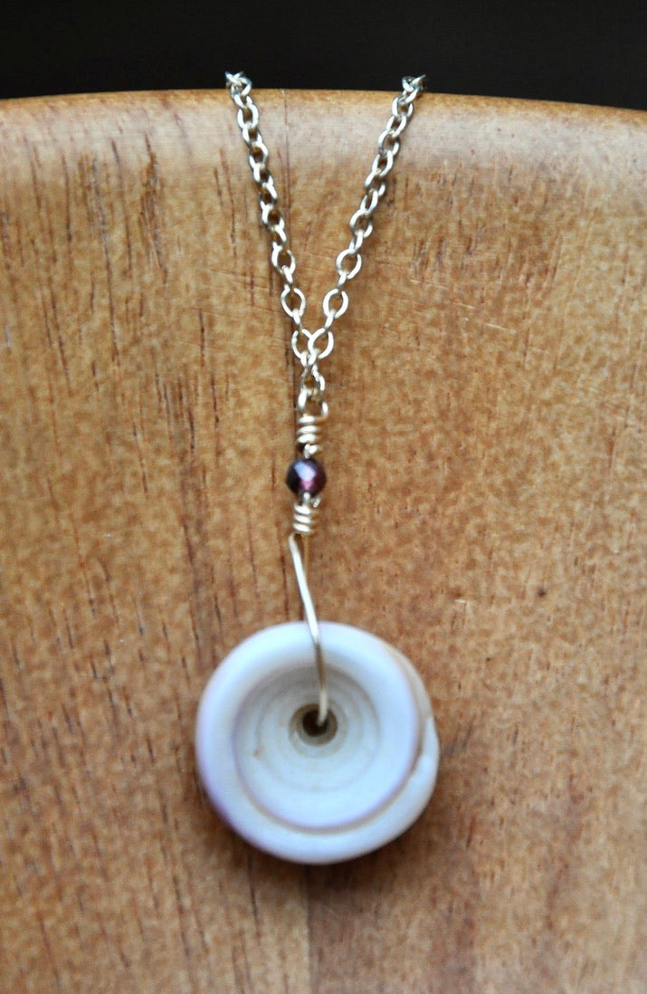 Large Puka Shell with Garnets on Gold Filled Chain