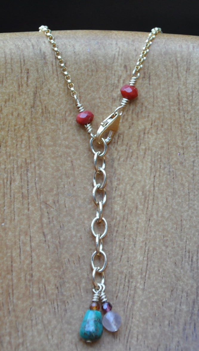 Genuine Hawaiian Shell with Red Coral and Peach Moonstone on Gold Filled Chain