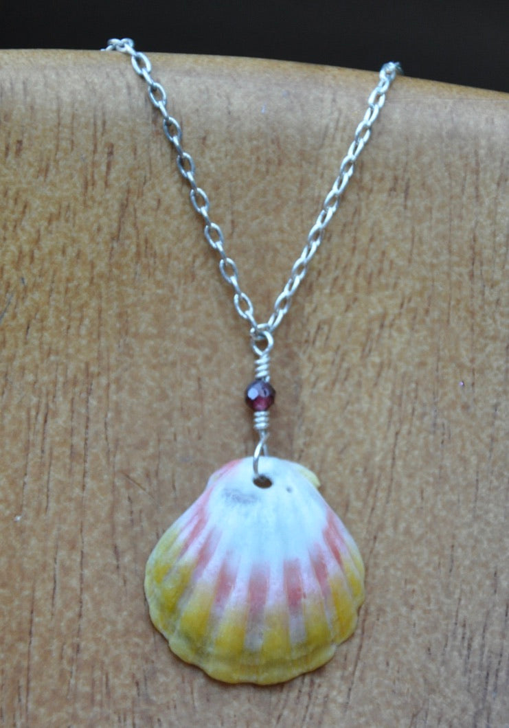 Genuine Hawaiian Sunrise Shell with Garnets on Sterling Silver Chain