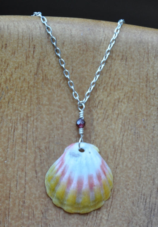 Genuine Hawaiian Sunrise Shell with Garnets on Sterling Silver Chain