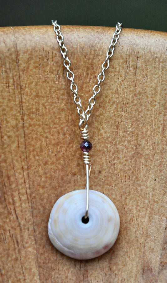 Large Puka Shell with Garnets on Gold Filled Chain