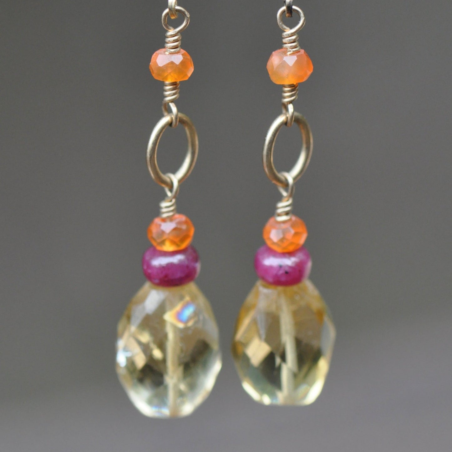 Citrine, Mexican Fire Opal, and Ruby Earrings