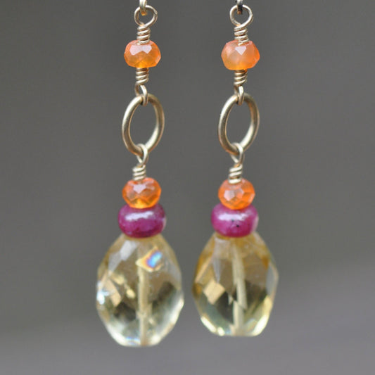 Citrine, Mexican Fire Opal, and Ruby Earrings