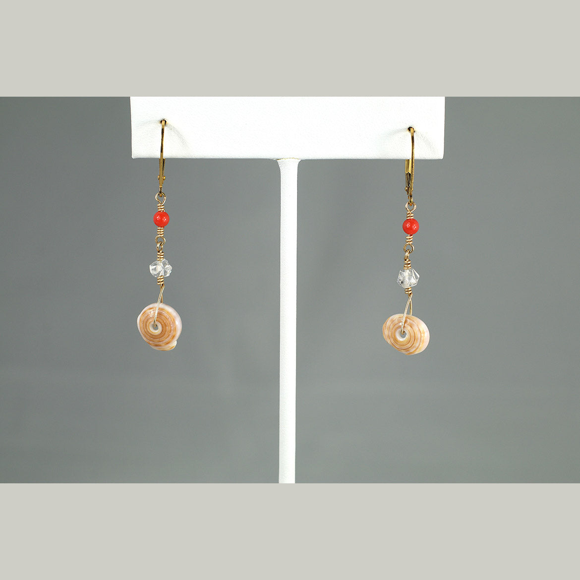 Puka Shell, Herkimer Diamond, and Coral Earrings