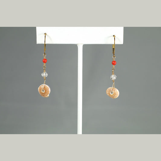 Puka Shell, Herkimer Diamond, and Coral Earrings