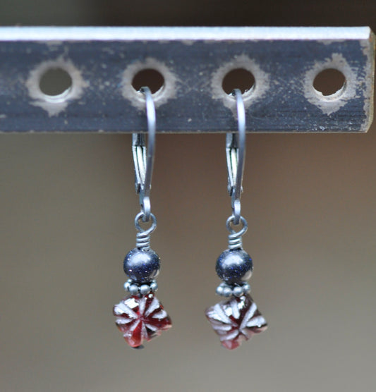 Hand Carved Garnet and Purple Sunstone Earrings