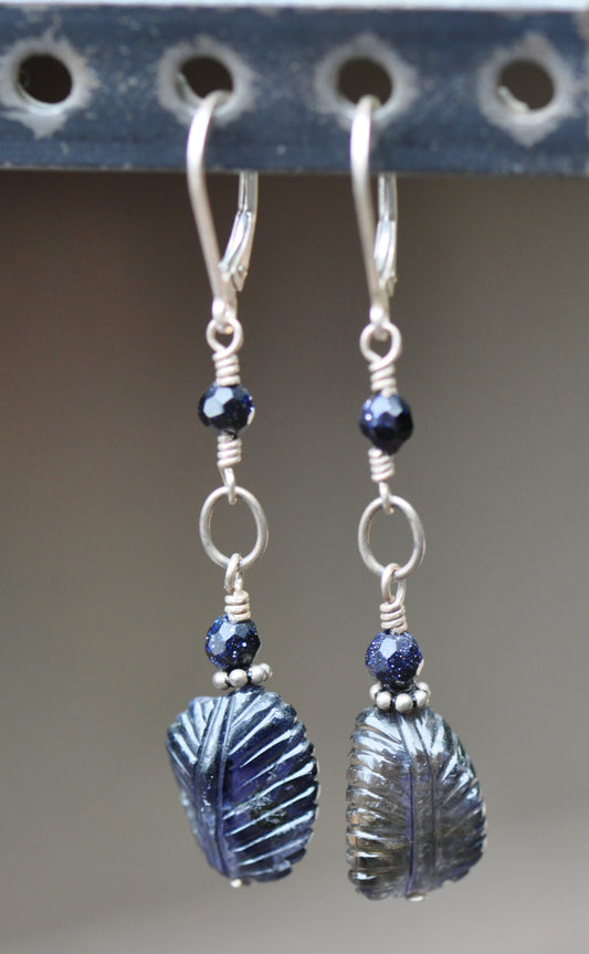 Hand Carved Iolite and Purple Sunstone Earrings