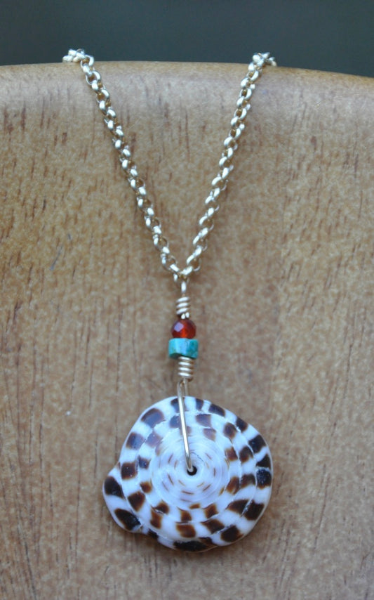Genuine Hawaiian Spotted Puka Shell Necklace with Turquoise and Carnelian