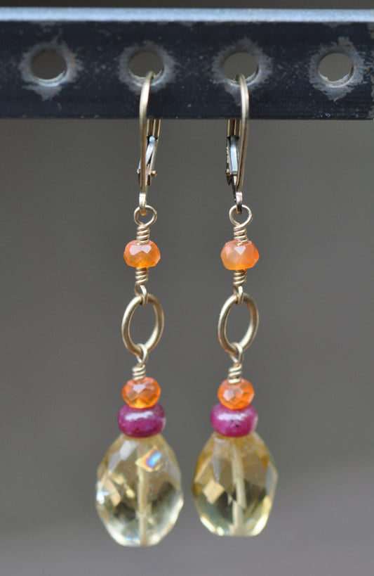 Citrine, Mexican Fire Opal, and Ruby Earrings